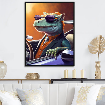 Lézard vert portant des lunettes de soleil dans une voiture de sport - reproduction d'art sur toile