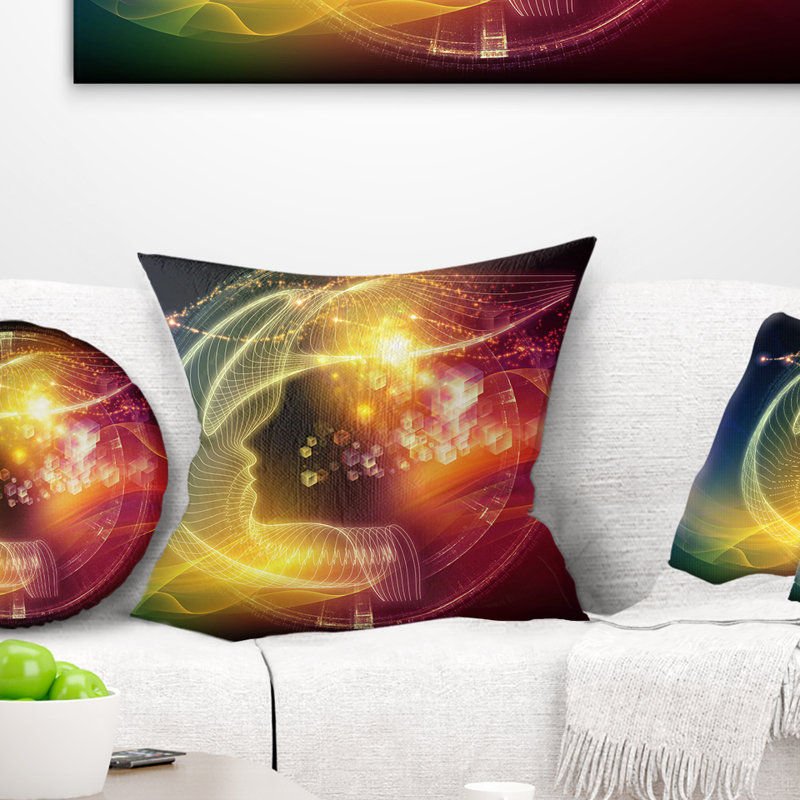  Oreiller abstrait fractal à tête humaine illuminée, 16 po x 1 po, Coussin décoratif