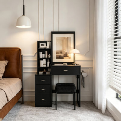 Uwant Modern Vanity Desk with 3 Modes LED Lighting and Adjustable Brightness, 4 Drawers and Open Storage Shelves, Hairdryer Holder and Power Socket with Dressing Chair, Black