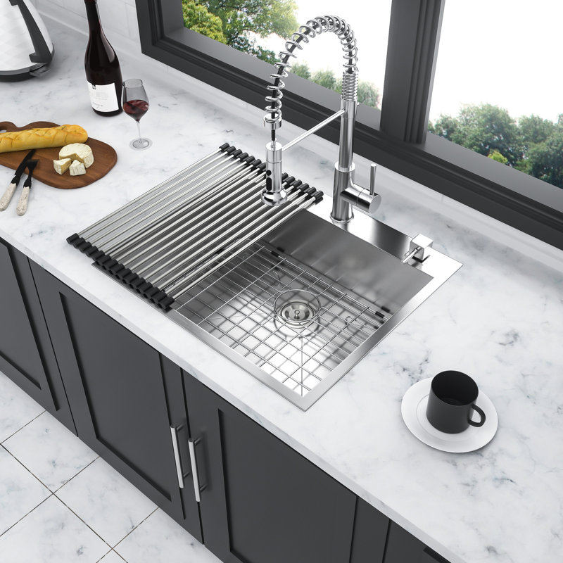 Évier de cuisine en acier inoxydable 22 X 9 po. Surface supérieure avec surface et ouvertures de drain de 3,5 po pour une hygiène de drainage efficace - bol simple de 25 po 304 efficace