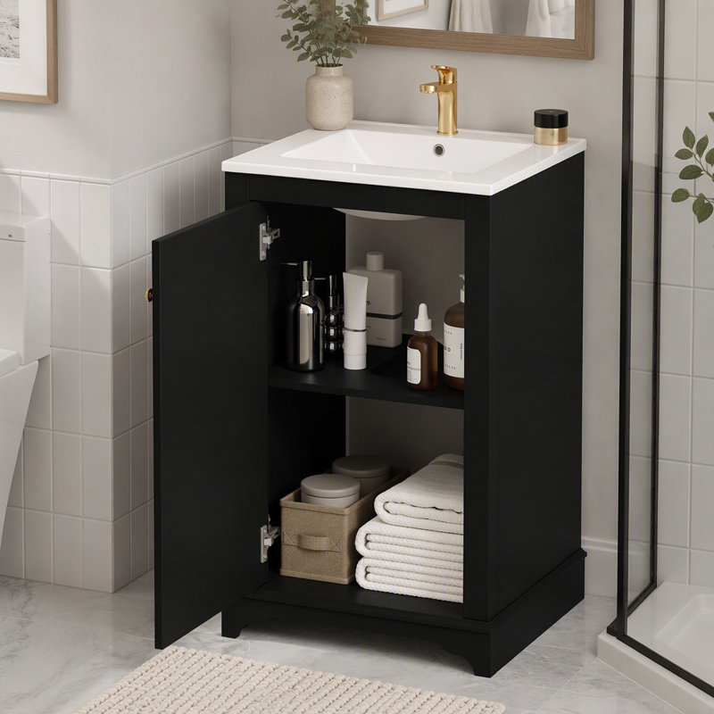 Meuble-lavabo de salle de bain Shaker de 20 pouces avec porte à fermeture douce, Black, Gold