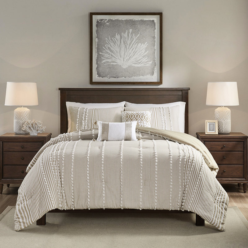 Édredon double / grand - teint en coton, teintes taupe et blanches, rembourrage, rayures douillettes 100% teintes, lavable à la machine