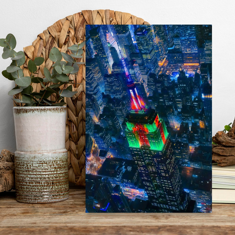 Empire State Night Lights Vibrant Abstract Contemporary City Landscape Wall Art Print 1 Piece Wrapped Canvas Wall Art