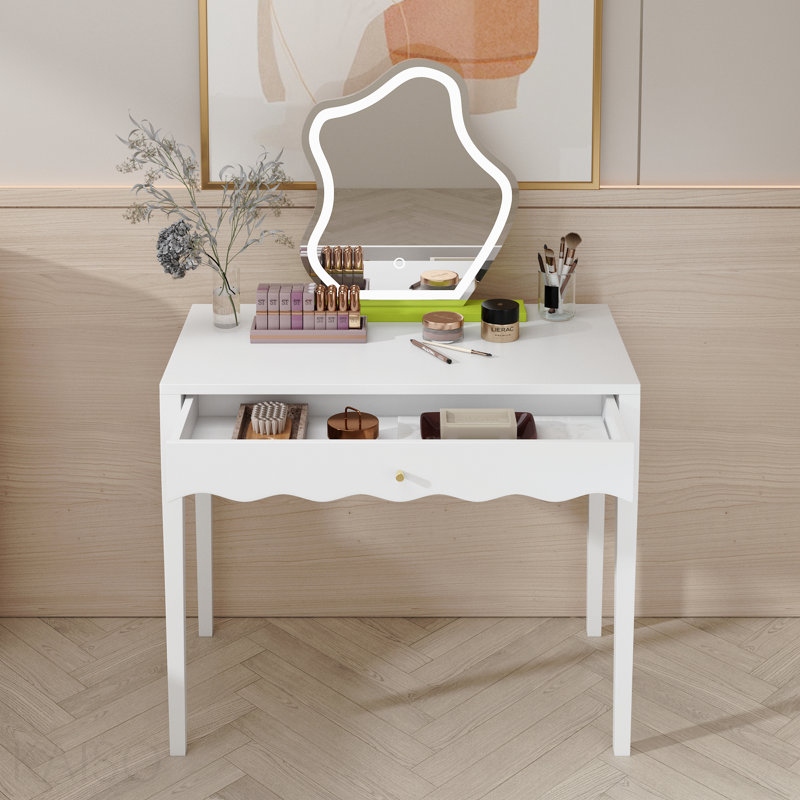 Meuble-lavabo blanc 35,43 po avec tiroir - table de maquillage moderne avec façade festonnée et poignée dorée