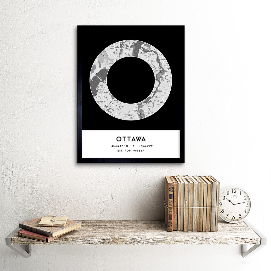 Ottawa City Map Ottawa Black & White by Wee Blue Coo - Single Picture Frame Typography