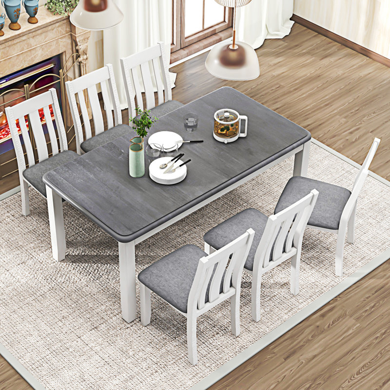 Ensemble de table de salle à manger 7 pièces avec table extensible Mancia et 6 chaises rembourrées, Gris, Gris foncé