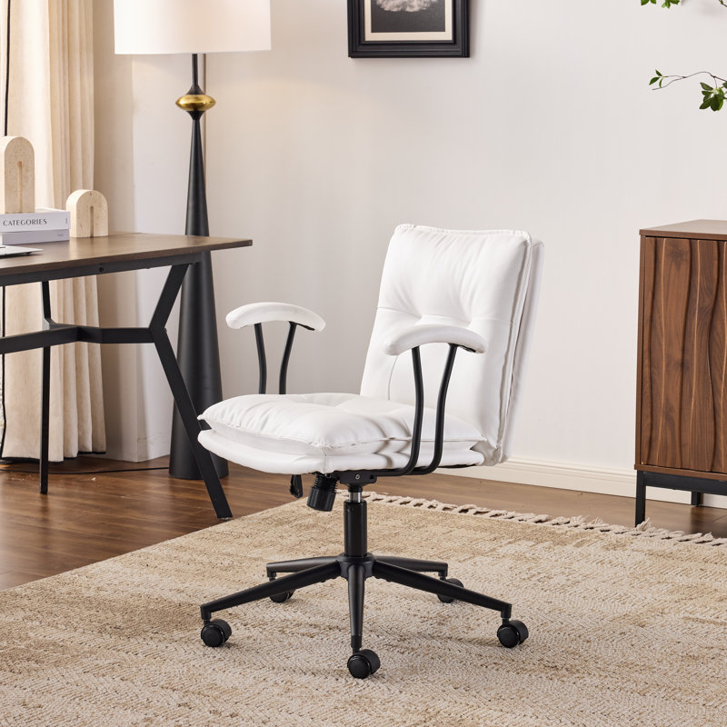Tufted Button Double Layer Padding Faux Leather Swivel Office Chair, White