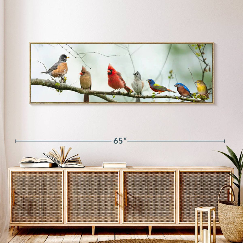 Rassemblement d'oiseaux, Cadre flottant en bois naturel, 57 po x 19 po