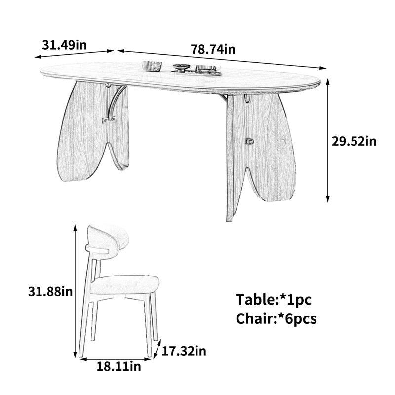 High-end French Dining Table, 29.52"H x 78.74"L x 31.49"W, 7 Pieces: Table, 6 Chairs