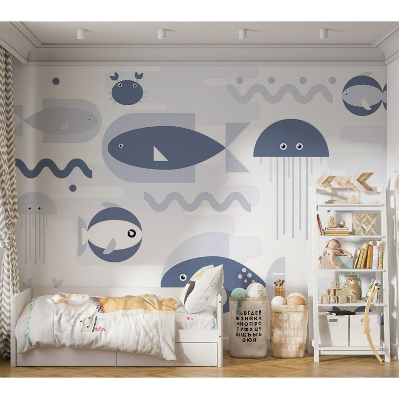Adhésif mural pelez et collez pour enfants - Poissons et crabes géométriques, L 100 po x l 135 po