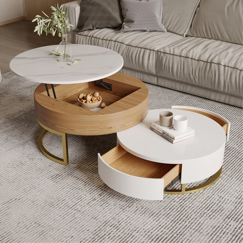 Table basse à plateau relevable rond en bois blanc naturel de 31,5 po et 27,56 po, Naturel