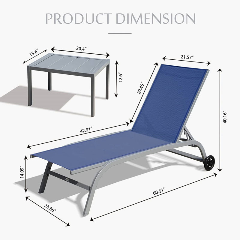 Méridienne d'extérieur réglable de 3 à 5 positions. Chaises de patio bleues pour la plage. , Respirant, séchage rapide protégé, aspect moderne