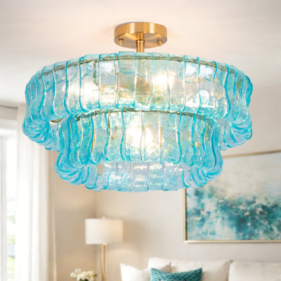 20" 6-Light Brushed Brass Double-Layer Blue Artistic Glass Unique / Statement Semi-Flush Mount For Living Room/Bedroom
