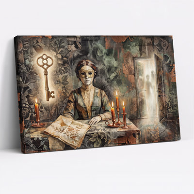 Tableau sur toile d'Halloween représentant un personnage masqué avec une clé lumineuse et des bougies