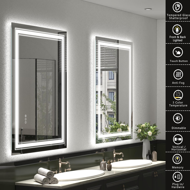 Frameless LED Bathroom Mirror,Smart Mirror, 48" x 32"