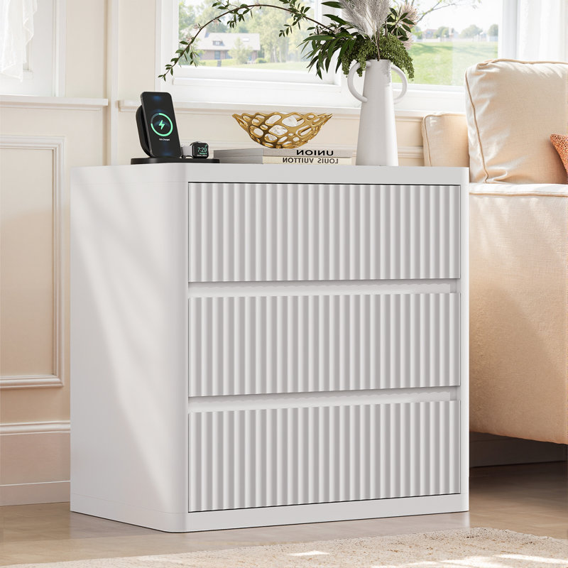 Modern Fluted Nightstand, 25" Wide Wood Bedside Table with 3 Drawers, Handleless Curved White, White, Individual