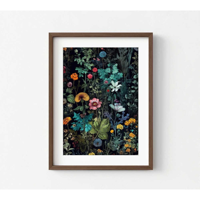«Midnight Garden», impression botanique, art floral foncé, Impression encadrée avec passe-partout, Brun, H 16 po x l 12 po