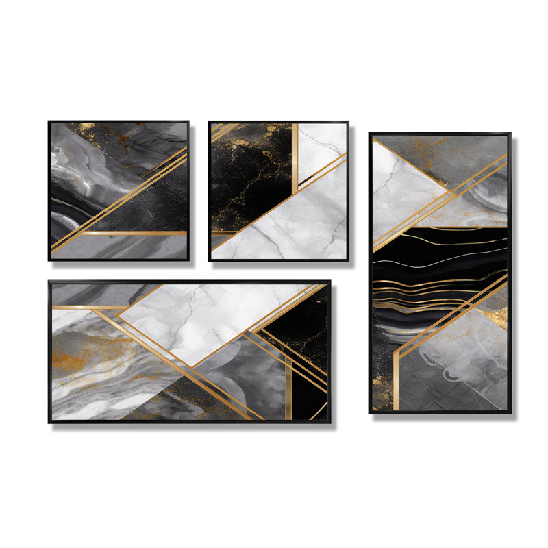 Marbre granit agate avec touches IV - art abstrait géométrique mural 4 pièces, Impression encadrée sans passe-partout, Noir