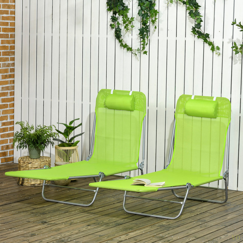Outsunny 2 Piece Folding Chaise Lounge Chairs, Pool Sun Tanning Chairs, Outdoor Lounge Chairs With 6-Position Reclining Back, Breathable Mesh Seat, Headrest For Beach, Yard, Patio