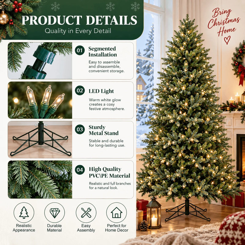 Pre-Lit Artificial Christmas Tree Hinged, 6FT/180cm