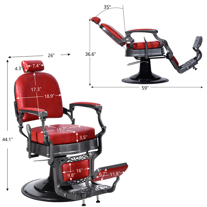 Heavy Duty Hydraulic Barber Salon Reclining Chair, Red Genuine Leather