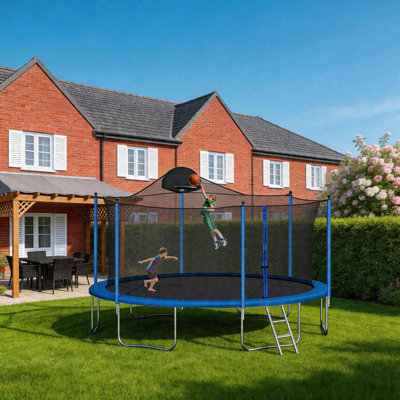 Trampoline extérieur 14 pi avec filet de sécurité, panier de basketball et échelle