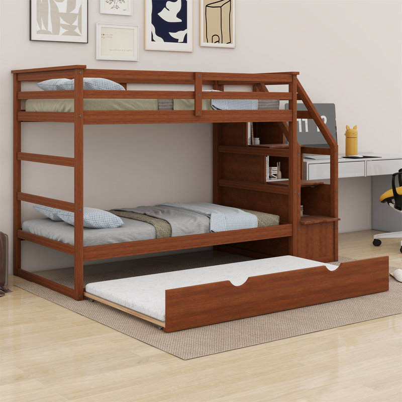 Bunk Bed with Trundle and Storage Stairs, Brown