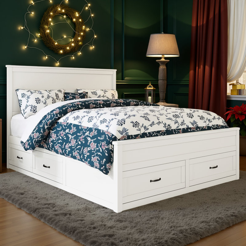 Grand lit plateforme avec 6 tiroirs de rangement et une grande tête de lit, Blanc