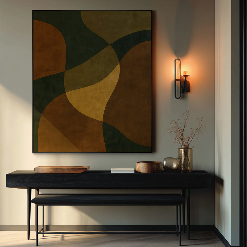 Très grand art mural imprimé sur tissu - Formes géométriques incurvées de ton terre en vert et brun, décoration pour le salon ou la chambre à coucher - «Assemblage requis du cadre (cadre non fini)»