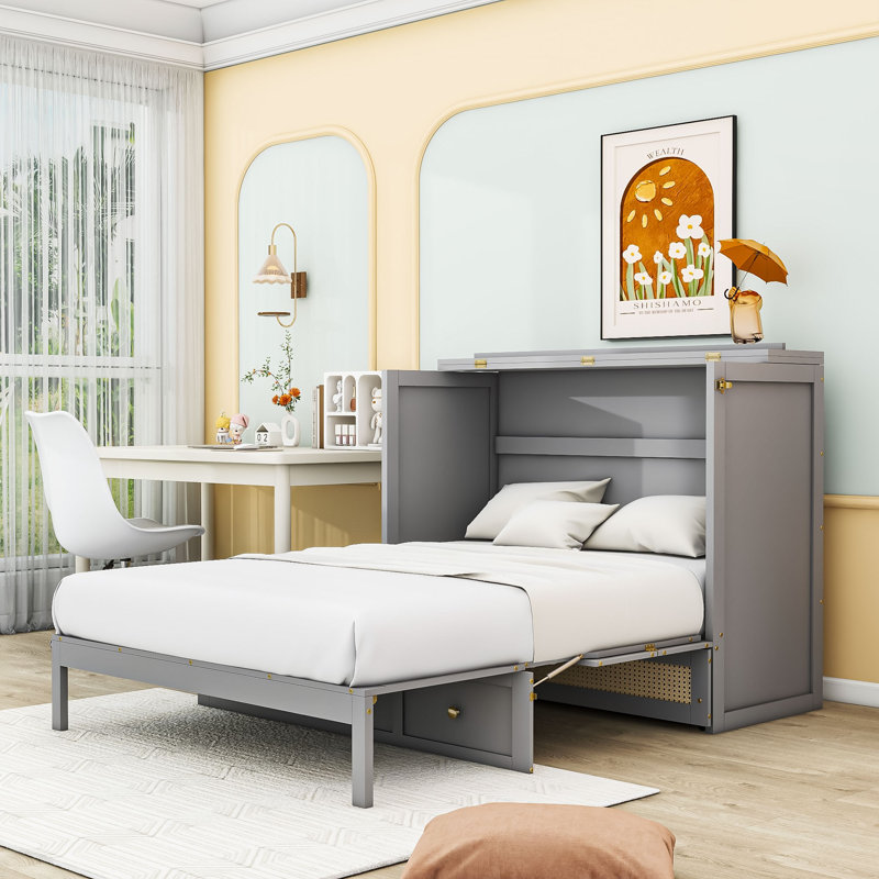Lit escamotable en bois avec tiroirs, Gris, Double