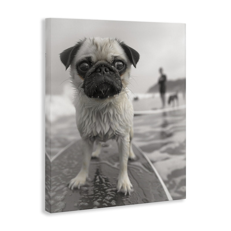 Art mural Boogie Pug Surfing, par Sophie 6, H 16 po x l 20 po