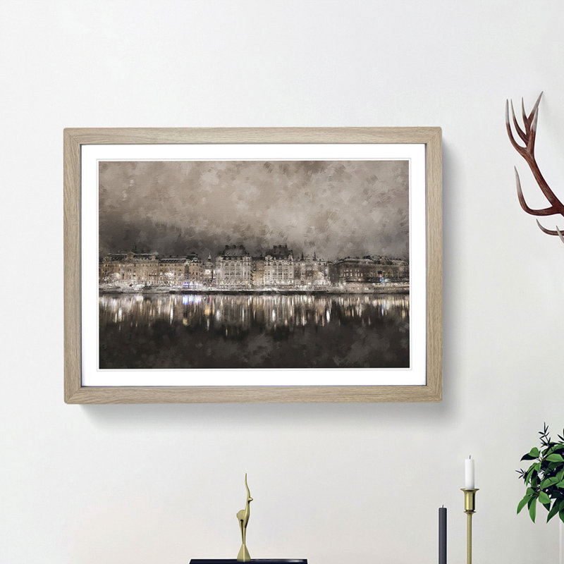Reflection of Stockholm in Sweden - Picture Frame Painting Print, 45cm H x 63cm W x 2cm D, Oak Framed