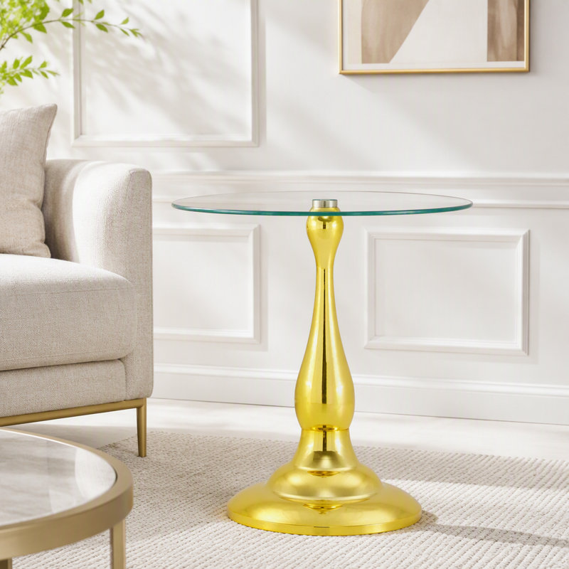 Table d'appoint en verre trempé avec base en métal or rose et design épuré, Doré, transparent