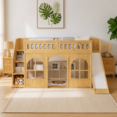 Lit mezzanine double en bois avec glissade, escalier de rangement, armoire, portes et fenêtres décoratives, naturel