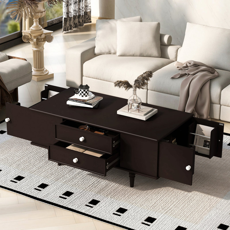Table basse moderne 47,2 po avec quatre tiroirs et deux compartiments de rangement cachés latéraux, Brun