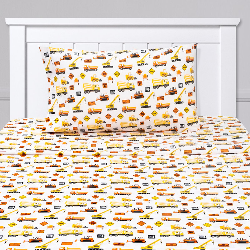 Construction Trucks White Microfiber Twin XL Kids Sheet Set