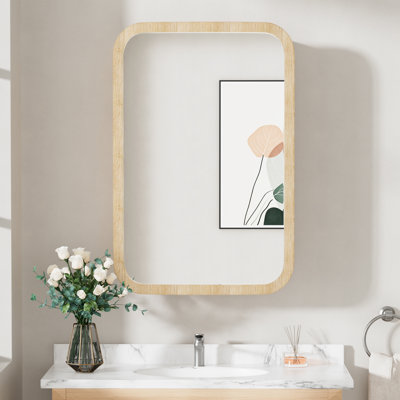  Pharmacie moderne en bois à bords arrondis avec miroir, porte réversible à fermeture en douceur, tablettes en verre réglables, à fixation murale ou encastrée, entièrement assemblée, l 16 po x H 24 po