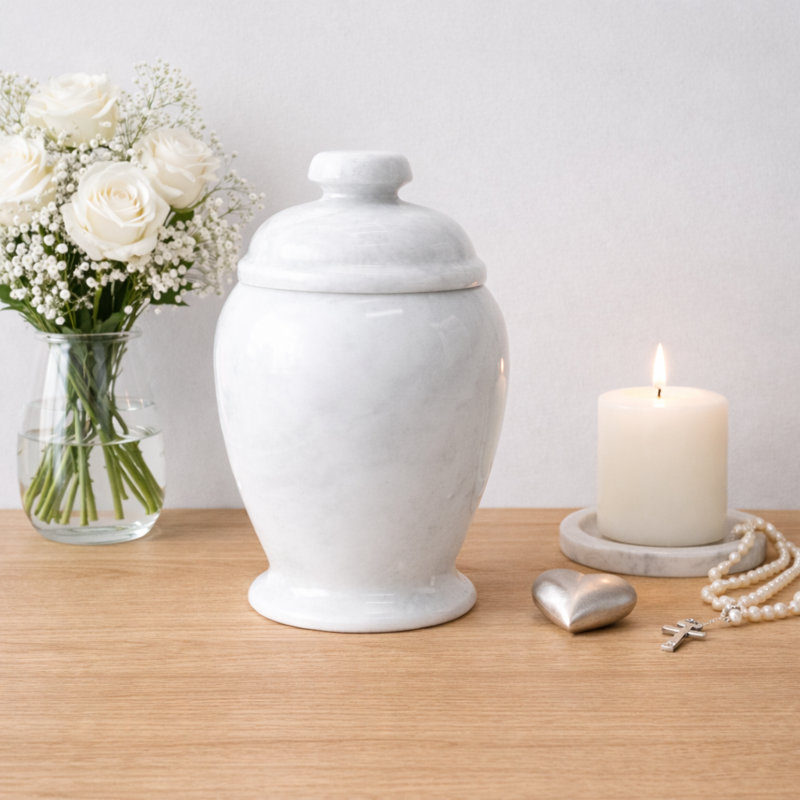Marble Keepsake Cremation Urn For Ashes, White