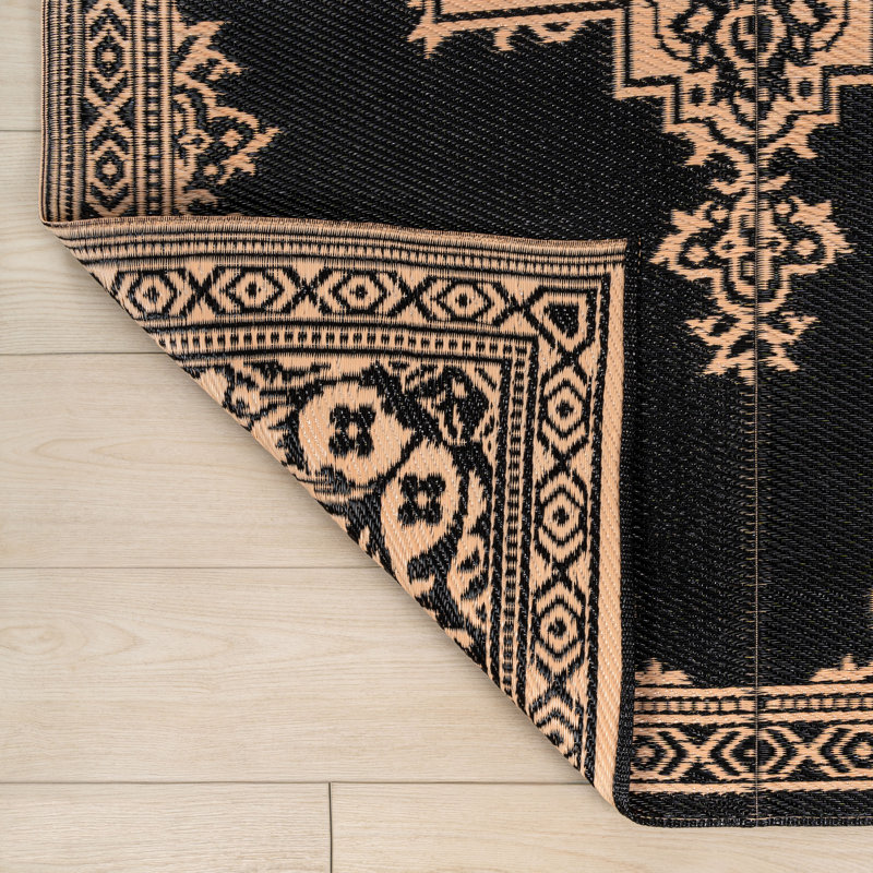 Tapis d'extérieur pliable et imperméable en paille Dory Medallion Border, Noir/crème, Rectangle 9' x 12'