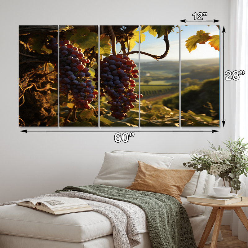 Raisins mauves, attrape-rêves de vigneron - ferme, reproduction d'art sur toile - 5 panneaux égaux