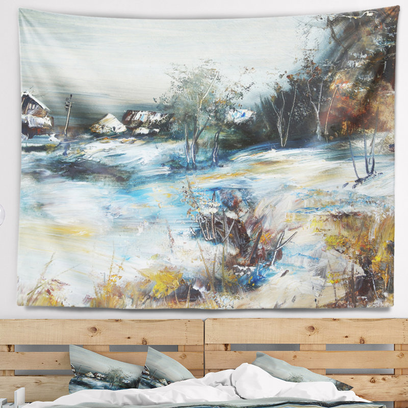 Village de paysage en tapisserie d'hiver, H 32 po x l 39 po