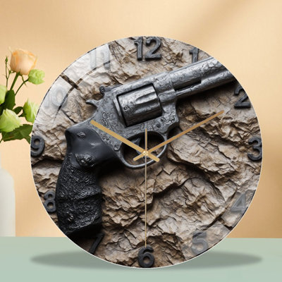Engraved Revolver Stone Clock Art - 12'' Modern Glass Wall Clock