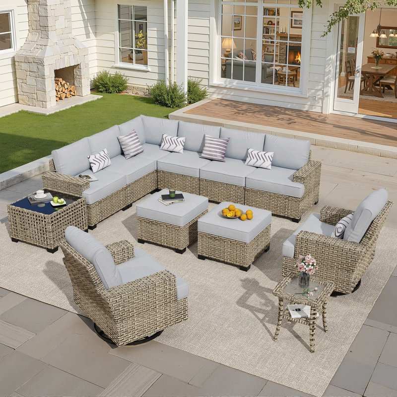 Tommy 10 - Person Outdoor Wicker Patio Conversation Furniture Set With Rocking Swivel Chairs, Gray, No
