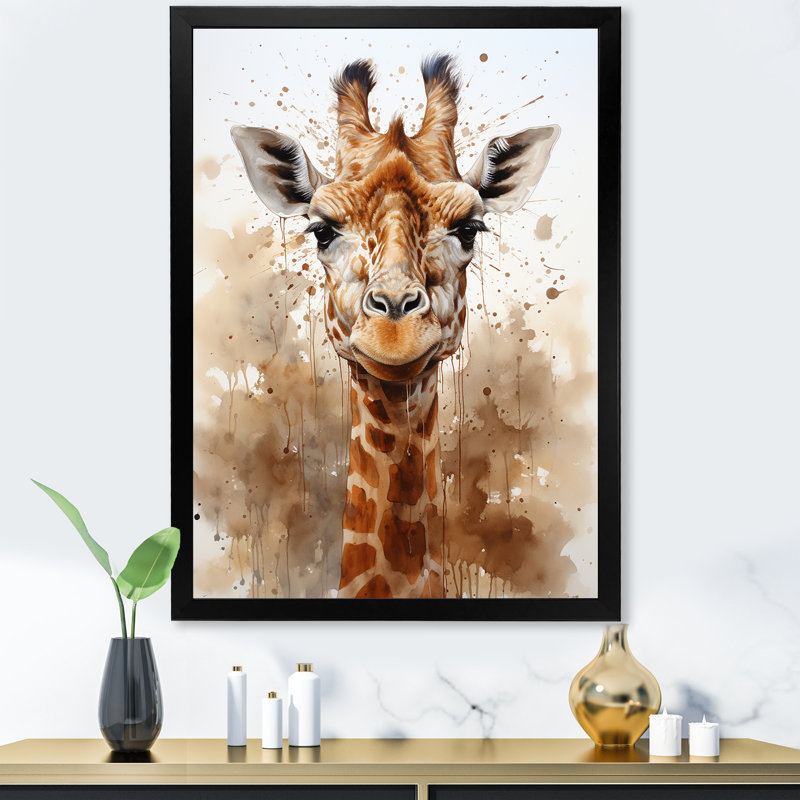 Girafe en sable brun - imprimé, Cadre simple noir, H 32 po x l 24 po x P 1 po
