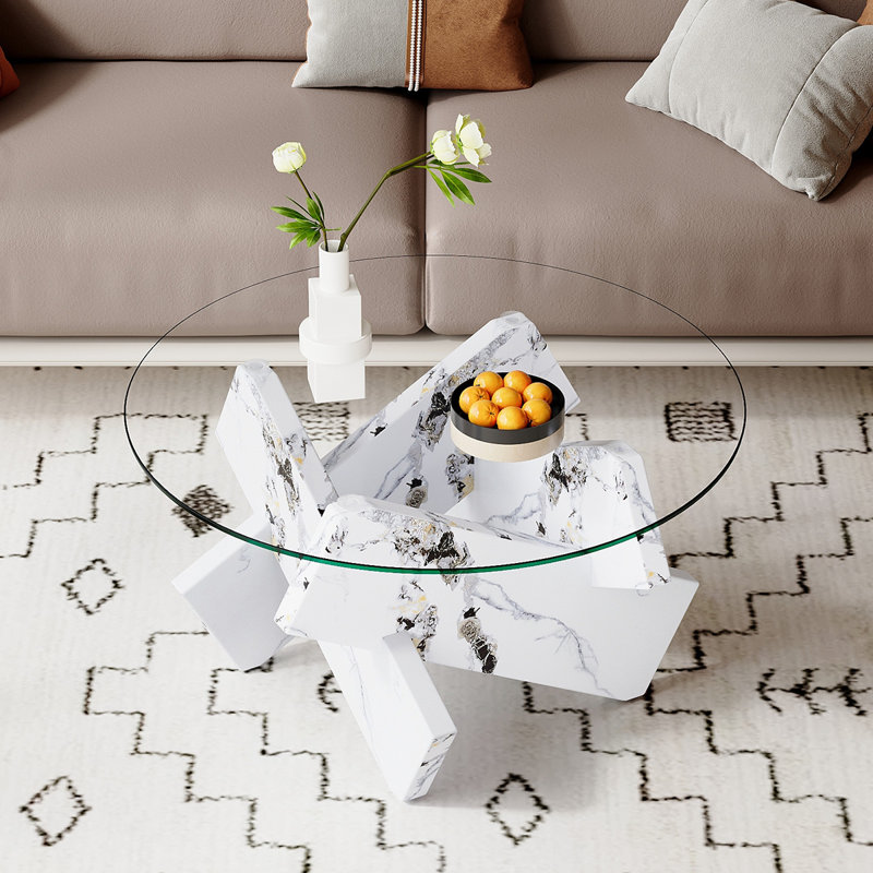 Table basse ronde moderne en verre trempé avec pieds aspect bois