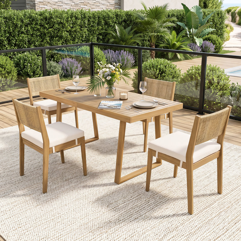 4 - Person Acacia Wood Patio Dining Set With Rectangular Table, Beige