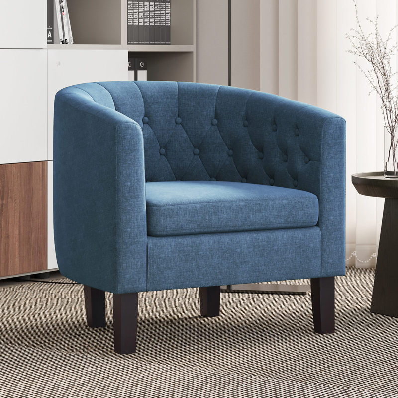 Fauteuil demi-tonneau capitonné en lin Evelie 28,25 po Evelie, Lin bleu marine