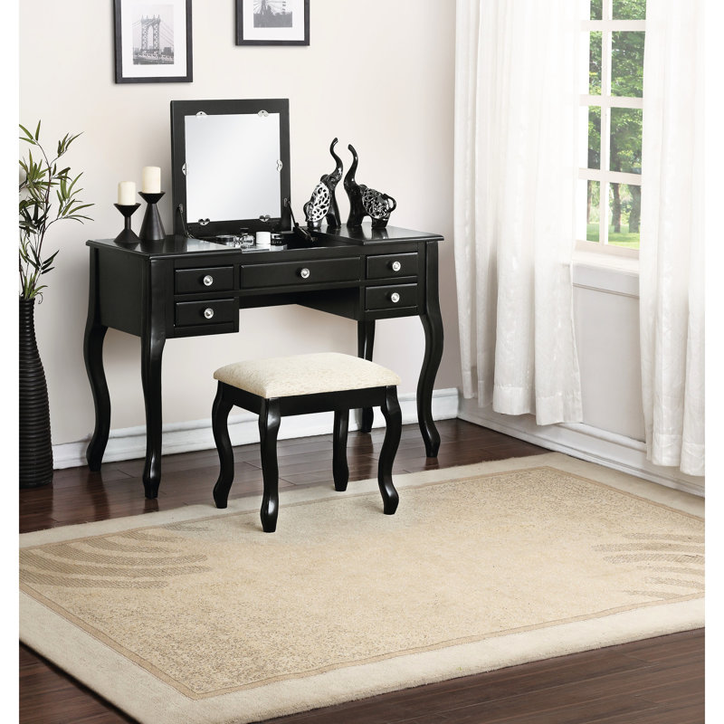 Meuble-lavabo classique avec tabouret, noir, plateau, contreplaqué, fini noir de chambre à coucher, bois d'hévéa, miroir ouvert, chic moderne