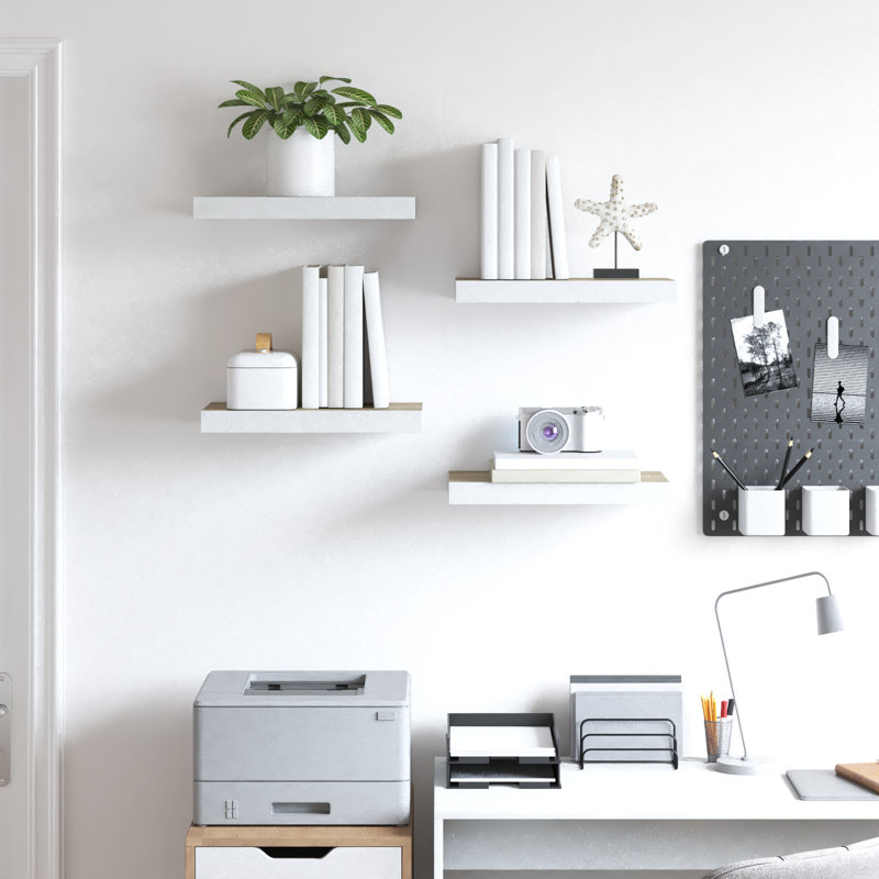 Wall Shelf  Wall Mounted Display Shelf for Photo Frame Set of 4, 1.5" H x 15.7" W x 9.1" D, Oak and White, 4