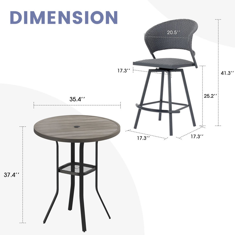 Ensemble de bar d'extérieur 3 pièces avec tabourets pivotants, Gris / Gris